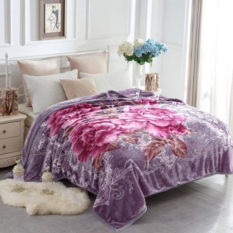 JYK Korean Faux Mink Fleece Blanket 83" X 91", 5.7 LB - 2 Ply Reversible Soft Warm Plush Flannel Blanket, A&B Pattern Printed Embossed Microfiber Blanket, (Light Purple Peony/Peony, King) - Image 1